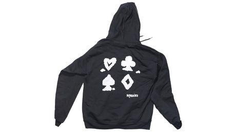 Hudski Bikes Black hoodie with white graphic designs on the back against a white background